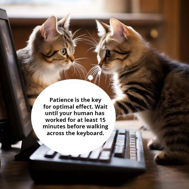 Cat teaching younger cat when to optimally walk across computer keyboard
